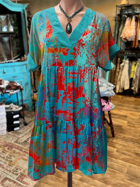 Women's Turquoise Art Print Cotton Dress