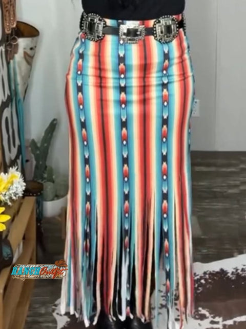 Women's Western Stripes Print Fringed Skirt