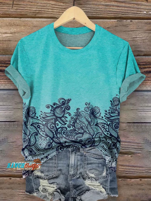 Women's Turquoise lace Print T-shirt