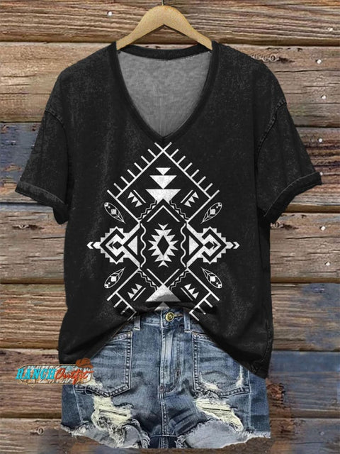 Women's Aztec Print V-neck Casual T-Shirt