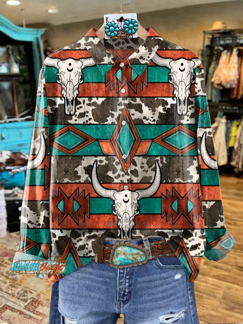 Bull Head Geometric Art Graffiti Women's Print Casual Cotton Shirt