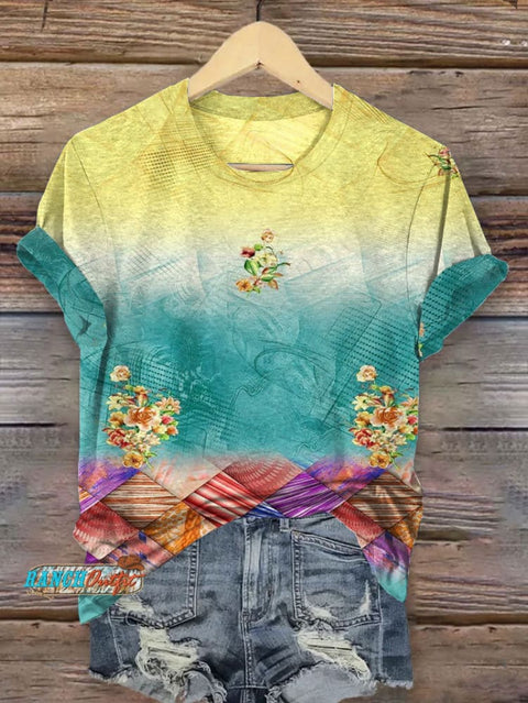 Retro Gradient Flowers Art Graffiti Women's Print T-shirt