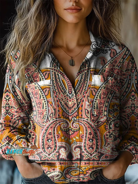 Bronze Paisley Art Illustration Women's Print Casual Long Sleeve Comfortable Cotton Shirt