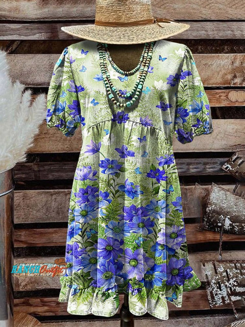 Blue Flowers Gradient Women's Print Pocket Cotton Dress