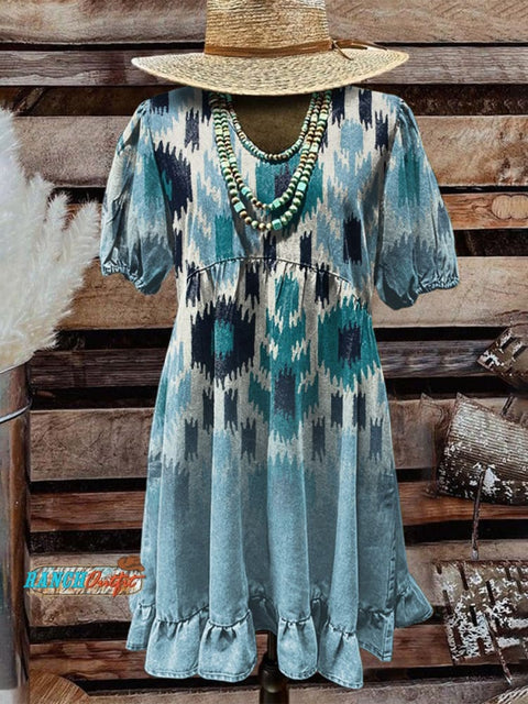 Blue Aztec Gradient Women's Print Pocket Cotton Dress