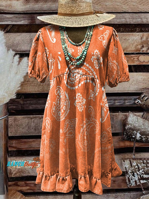 Orange Paisley Gradient Women's Print Pocket Cotton Dress