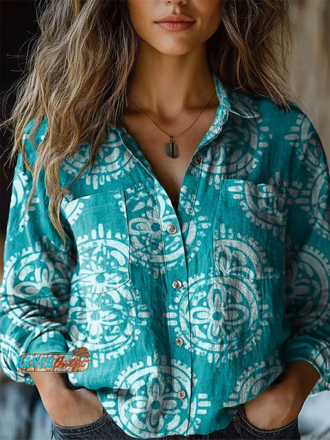 Blue Circle Pattern Women's Print Casual Long Sleeve Comfortable Cotton Shirt