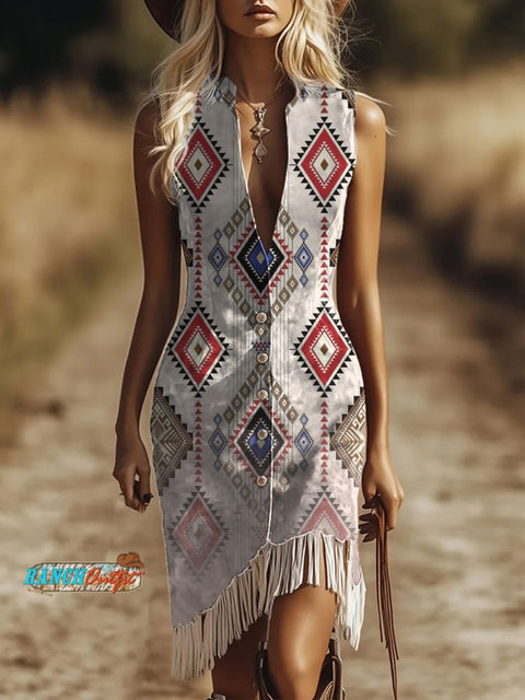 Aztec Gradient Pattern Illustration Women's Print Half-Sleeve V-Neck Maxi Dresses