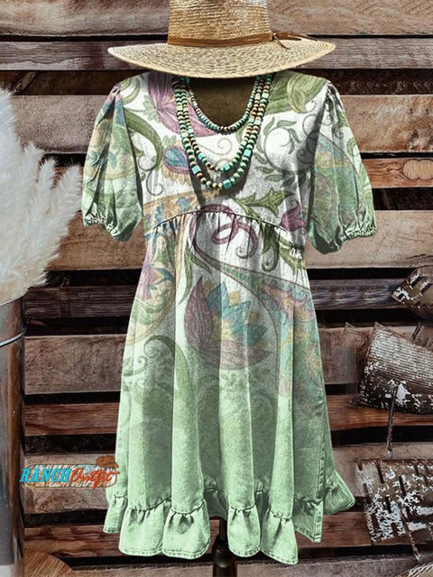 Light Green Perlis Gradient Art Illustration Women's Print Pocket Cotton Dress