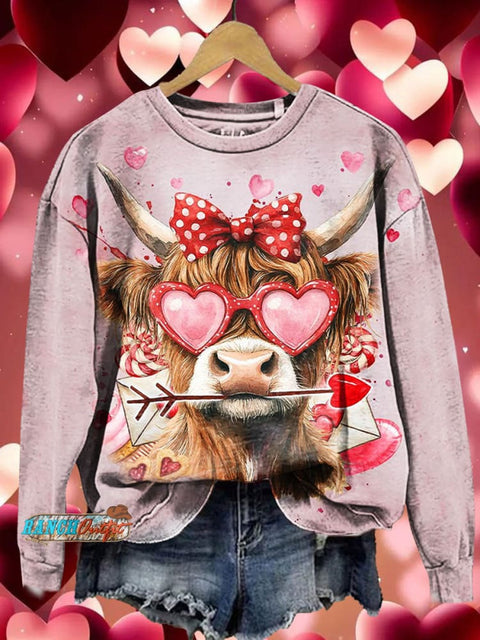 Valentine's Day Highland Cow Print Casual Sweatshirt