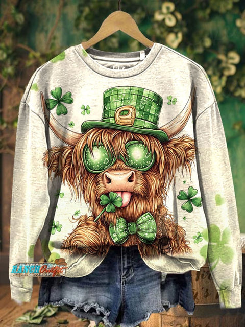 St. Patrick's Day Highland Cow Print Casual Sweatshirt