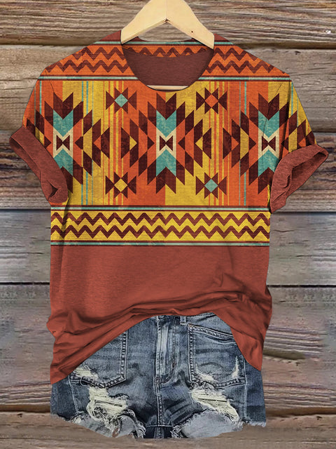 Aztec Art Print Casual Short Sleeve Top