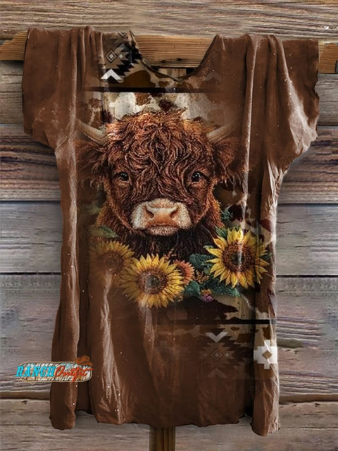 Aztec Highland Cow  Print Casual Short Sleeve Top