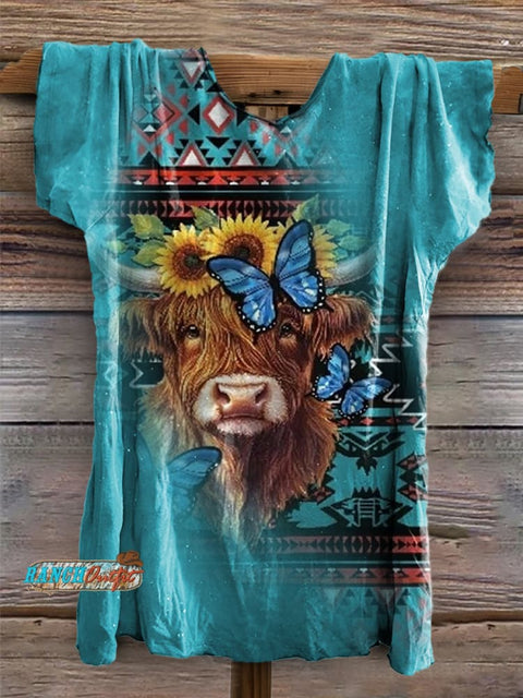 Aztec Highland Cow Print Casual Short Sleeve Top