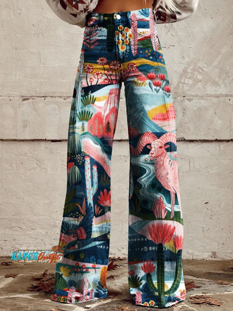 Women's Colorful Western Print Casual Wide Leg Pants