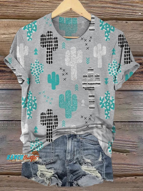 Western Cactus Print Casual Top