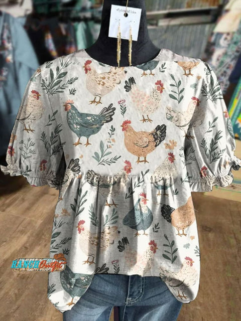 Flower Chicken Print Casual Top