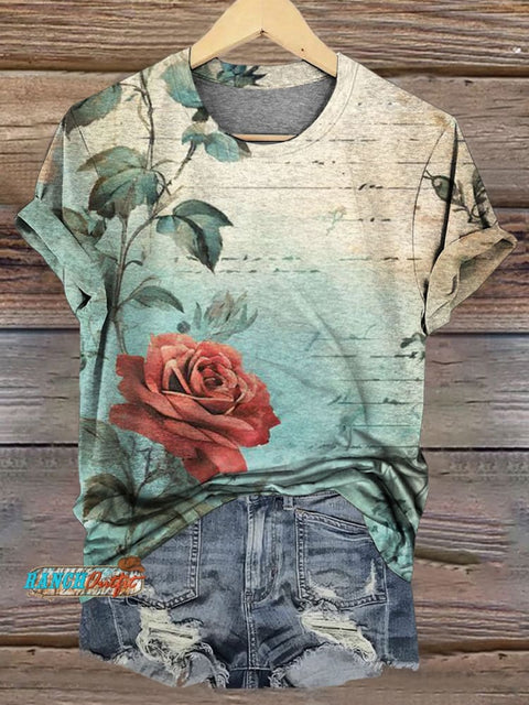 Women's Retro Floral Print Casual T-shirt