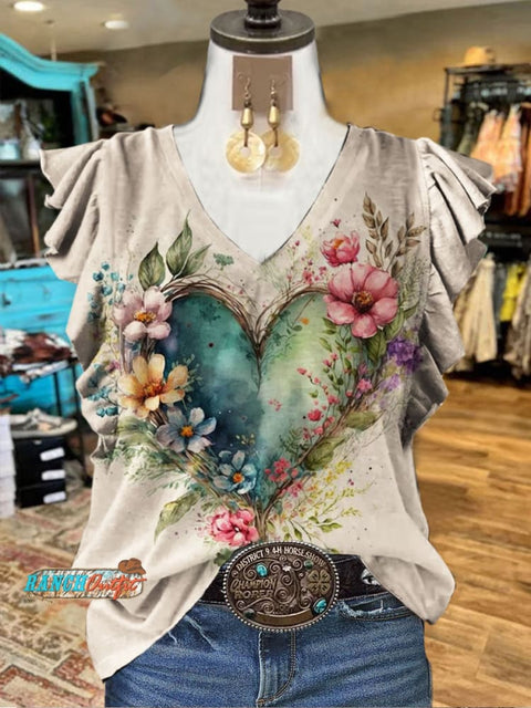 Floral Print Ruffled Casual T-shirt