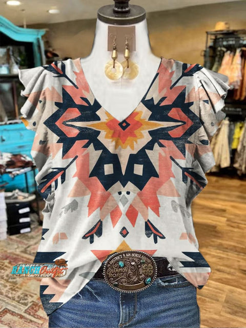 Aztec Print Ruffled Casual T-shirt
