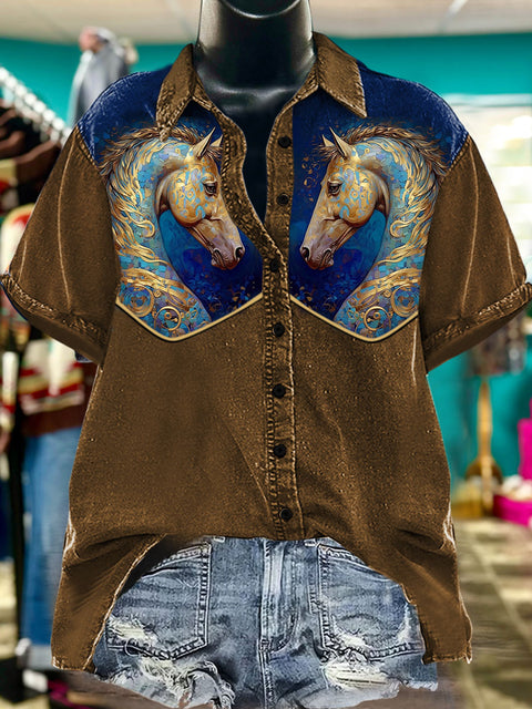 Horse Art Print Casual Western Top