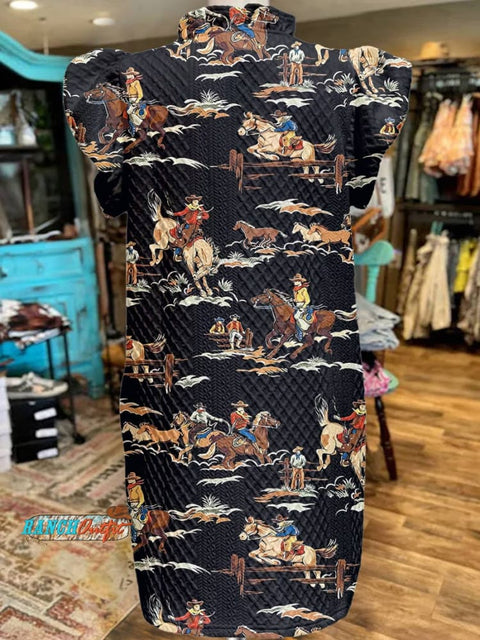 Women's Classic West Print V-Neck Button Pocket Cotton Dress