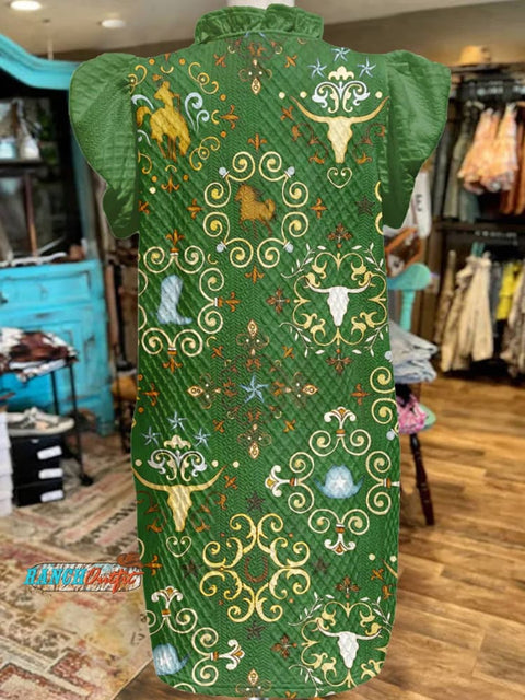 Women's Classic West Print V-Neck Button Pocket Cotton Dress