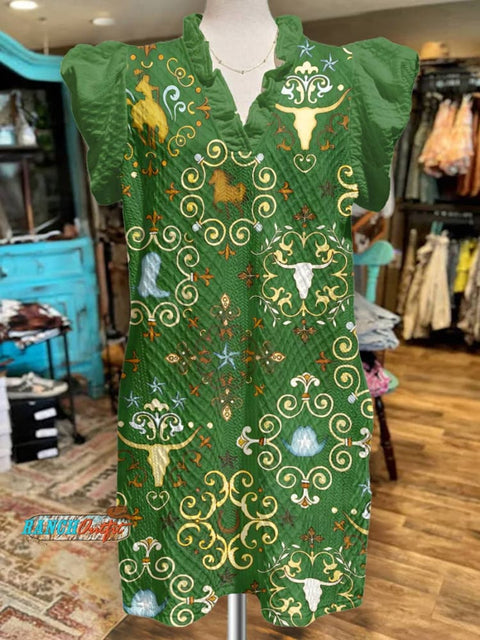 Women's Classic West Print V-Neck Button Pocket Cotton Dress
