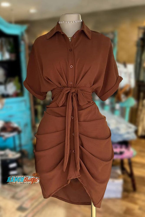 Casual Ruched Shirt Dress Brown / S