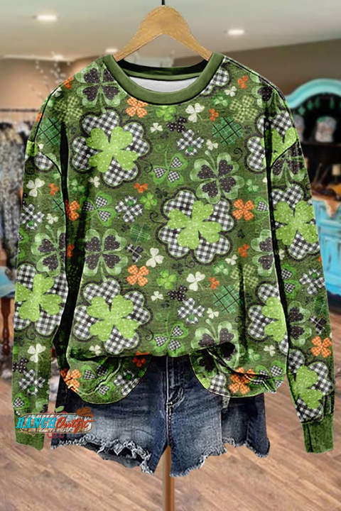 Women's St Patrick'S Day Clover Print Pattern Crew Neck Sweatshirt