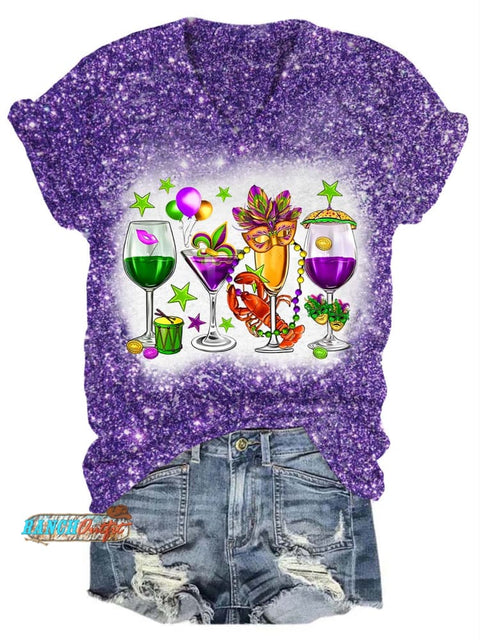 Fat Tuesday Mardi Gras Glitter V-Neck T-Shirt