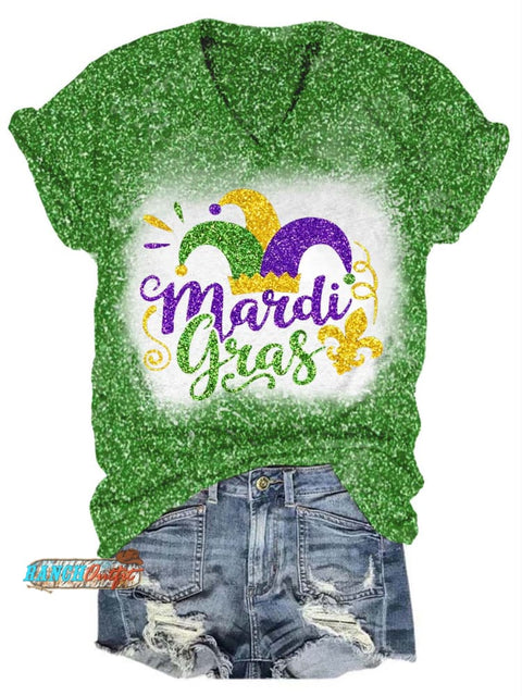 Mardi Gras Fat Tuesday Glitter V-Neck T-Shirt