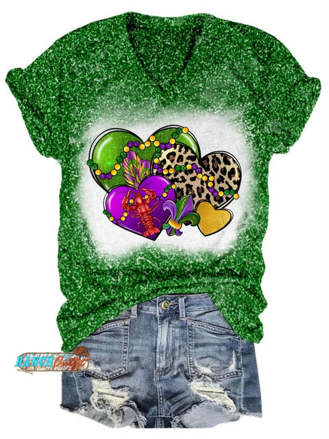 Heart Leopard Mardi Gras Glitter V-Neck T-Shirt