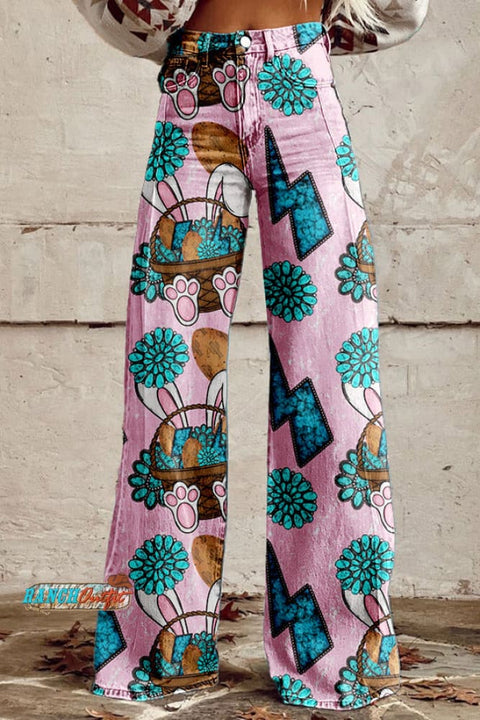 Western Easter Bunny Turquoise Wide Leg Pants