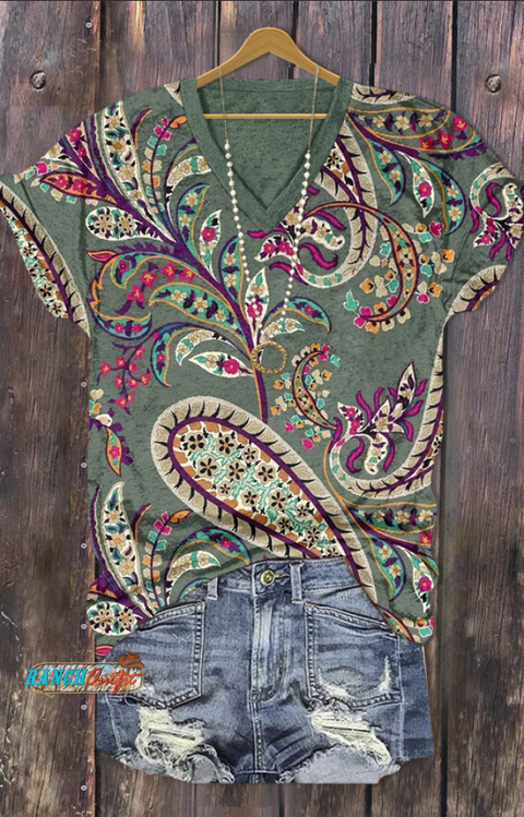 Paisley Print V-Neck T-Shirt