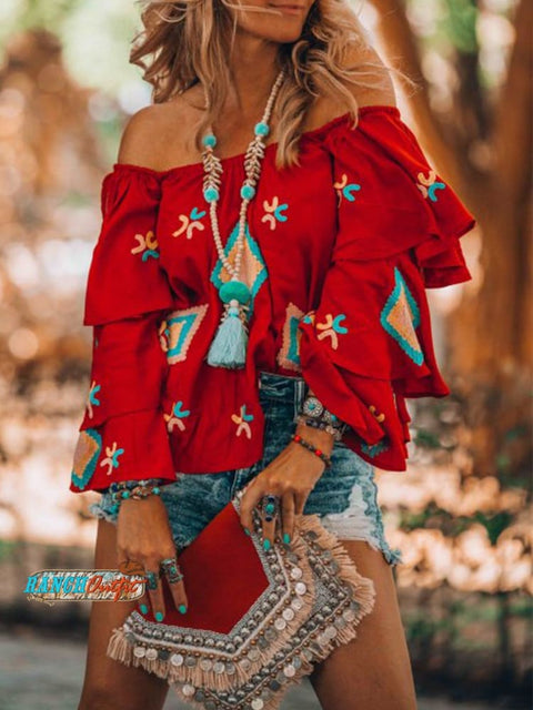 Red Floral-Print Off Shoulder Long Sleeve Shirts & Tops