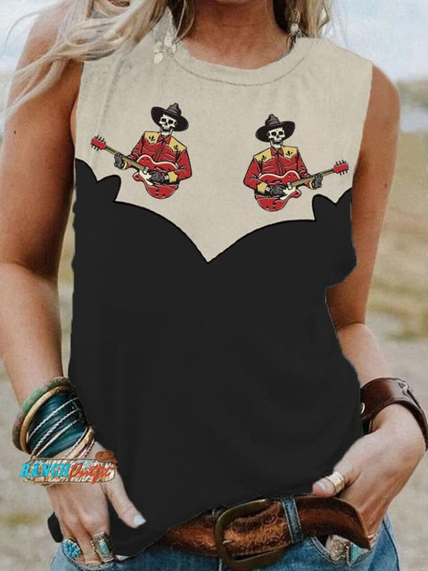 Women’s Retro Western Skull Cowboy Playing Guitar Print Casual Vest Black / S