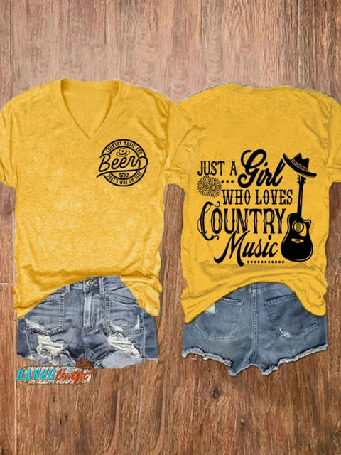 Women’s Country Music And Beer Print V-Neck Casual T-Shirt Yellow / S