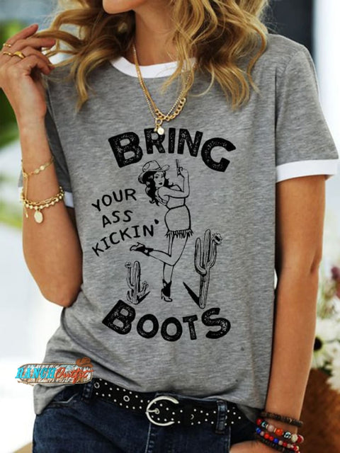 🔥Buy 3 Get 10% Off🔥Women’s Cool Retro Cowgirl Bring Your Ass Kickin’ Boots! Casual Tee Grey / S