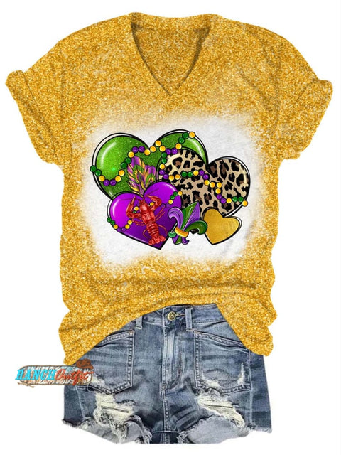 Heart Leopard Mardi Gras Glitter V-Neck T-Shirt