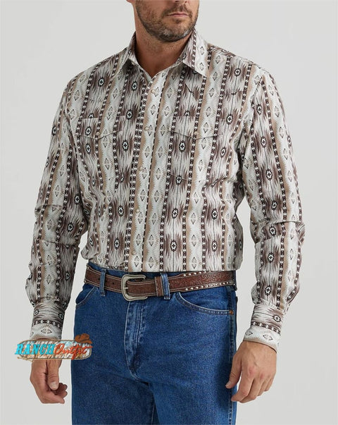 Long Sleeve Western Snap Printed Shirt In Pale Sand