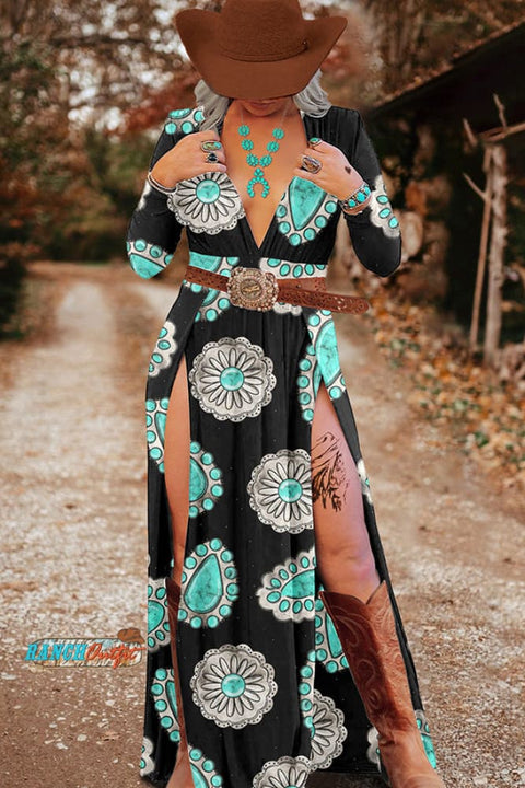 Vintage Western Turquoise Print Slit Dress