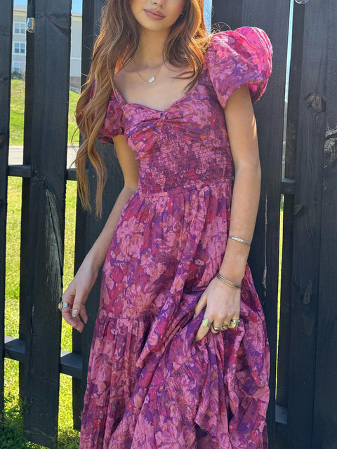 Puff Sleeve Floral Print Tiered Midaxi Dress In Magenta Pink