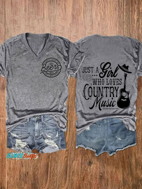 Women’s Country Music And Beer Print V-Neck Casual T-Shirt Grey / S