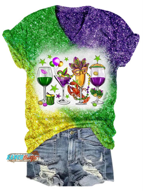 Fat Tuesday Mardi Gras Glitter V-Neck T-Shirt