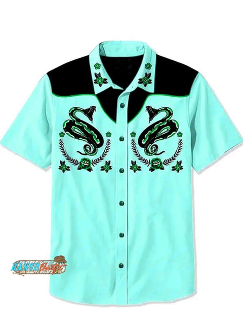 Men’s Retro Western Printed Shirt Teal / S