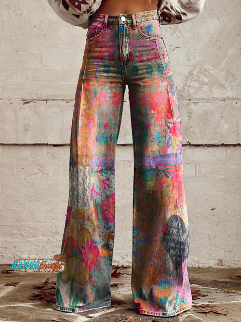 Women's Retro Bohemian Floral Heart Casual Wide Leg Pants