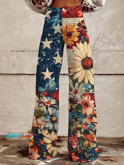 Women'S Retro Independence Day Flowers Casual Printed Wide-Leg Pants