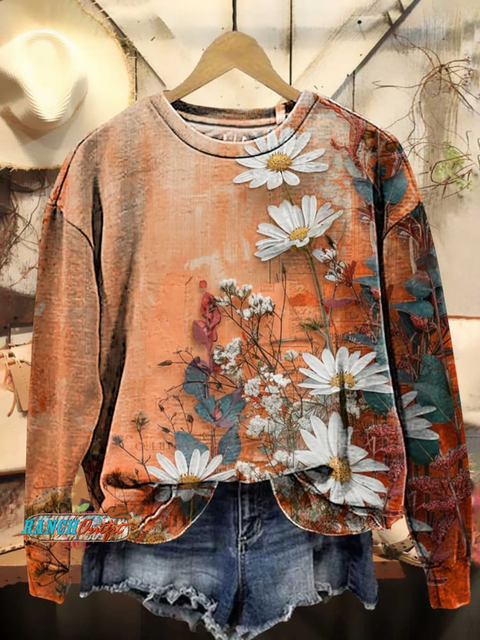 Women's Art Oil Painting Floral Print Pattern Crew Neck Sweatshirt