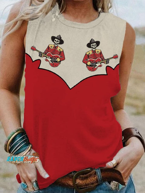 Women’s Retro Western Skull Cowboy Playing Guitar Print Casual Vest Red / S